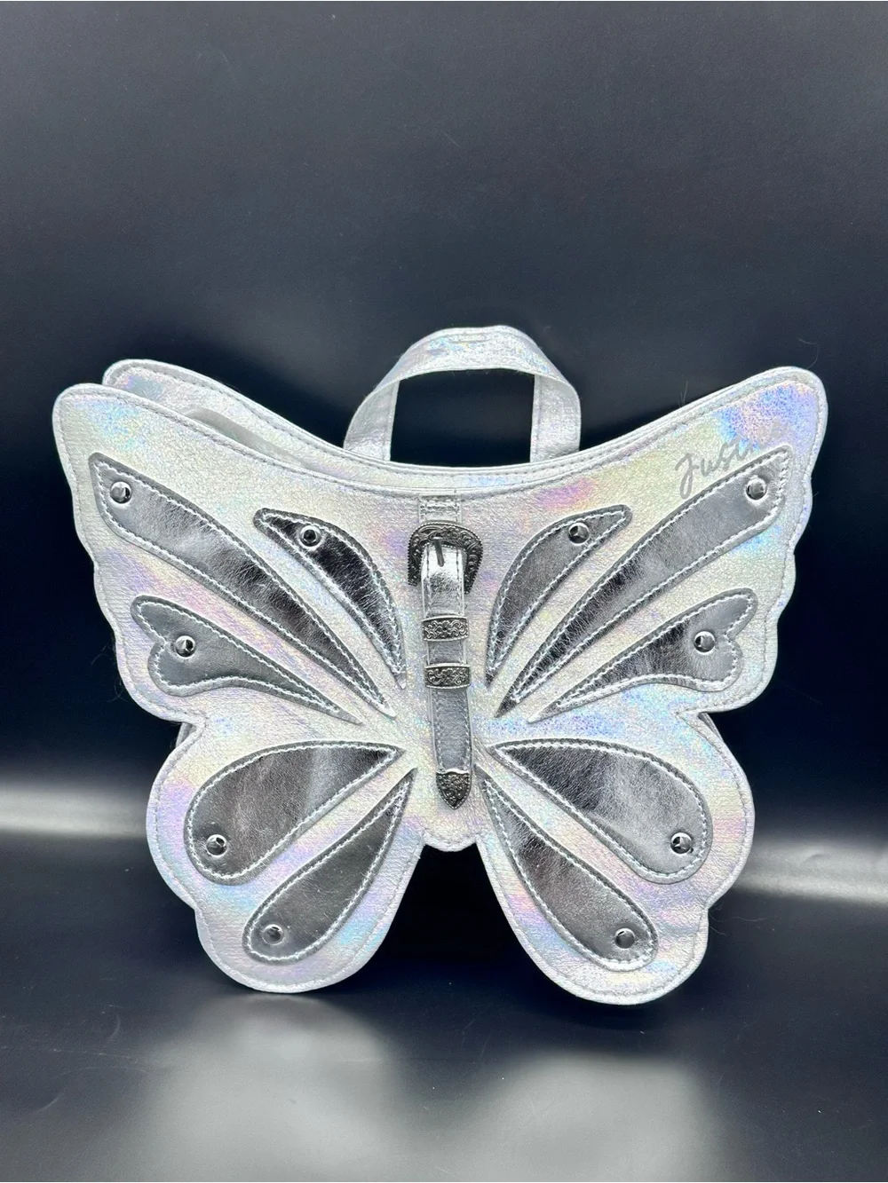 Justice Girls Butterfly Mini Backpack Silver Metallic Iridescent Holographic